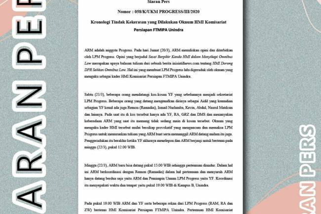 Siaran Pers Kronologi Tindak Kekerasan yang Dilakukan Oknum HMI Komisariat Persiapan FTMIPA Unindra